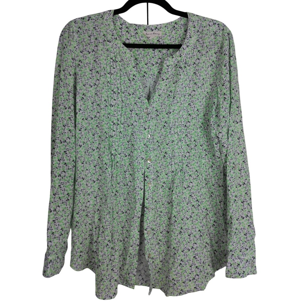 Jane and Delaney Womens Green Floral Rayon Button Down Long Sleeve Blouse Size M